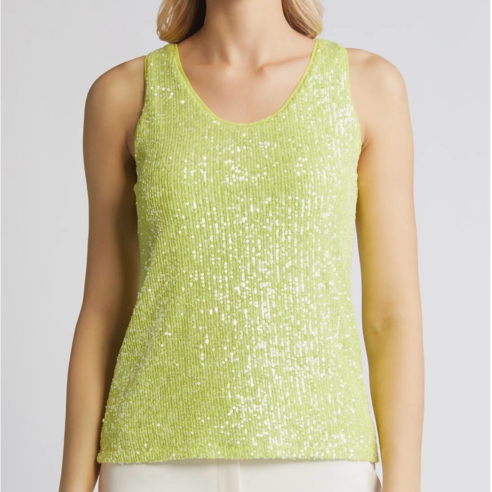 ANNE KLEIN Sequined Tank Top Light Lime Glitzy Glam Party Top SZ.S
